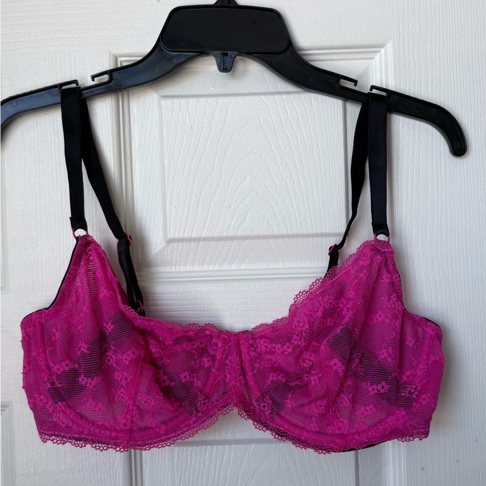 Jezebel Fuchsia Lace Underwire Bra with Black Straps